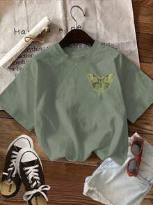 Limited Edition: Women's Casual Summer T-Shirt With Vintage Style Double-Sided Moth And Plant Print, Round Neck, Short Sleeve, Lightweight Cotton - 綠色 - 查看 4