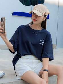 Women's Short-Sleeved T-Shirt, Loose And Elegant Top #3333 - 海軍藍 - 查看 2