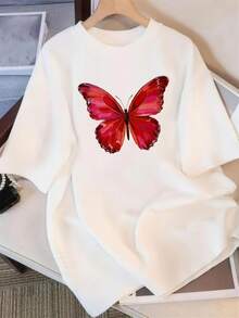 Camisetas de Verano para Mujer, Manga Corta, Estampado de Mariposas Brillantes, Ropa Casual Diaria, Tejido Ligero y Transpirable |   Blusas casuales para mujer |   Tops de Verano para Mujer - Blanco - Ver 6