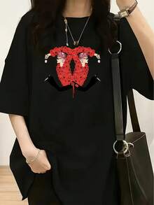Una camiseta con un estampado divertido como elemento central - top casual de manga corta y cuello redondo para mujer, hecha de una suave mezcla de poliéster, corte holgado, imprescindible para la moda de primavera y verano.camisas de mujer sudaderas para mujer sueter blusa casual mujer verano vestidos de graduación - Negro - Ver 6