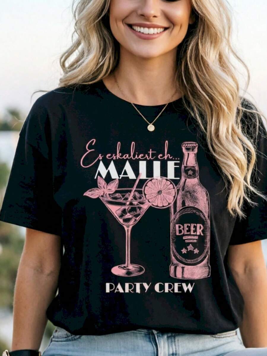 Damen 100% Baumwolle Kurzarm-T-Shirt, "Es eskaliert eh Malle" Print Party Grafik T-Shirt - Schwarz - Übersicht 1