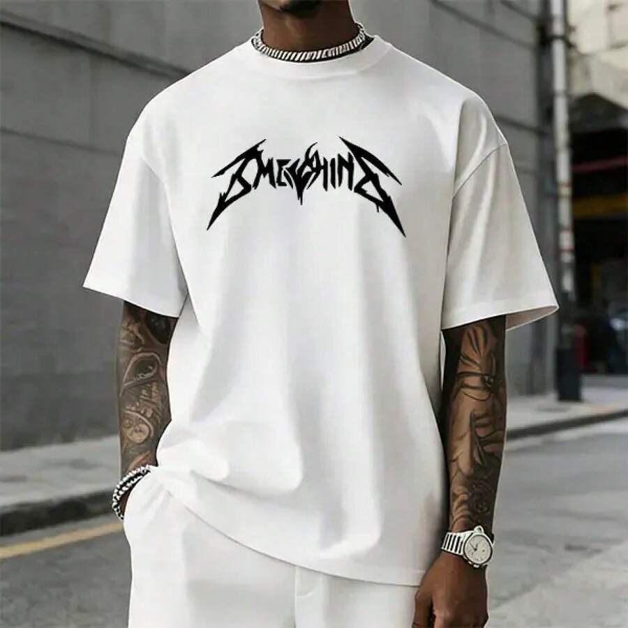 Camiseta gráfica FEEGO para hombre Omenshine en estilo gótico death metal, camiseta casual de manga corta con cuello redondo para un estilo urbano alternativo. - Blanco - Ver 1