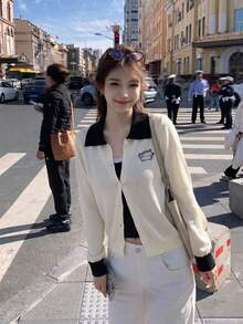 女款2件組，夏季出遊甜美配色雙肩帶背心 & 刺繡杏色開襟外套冷氣上衣，配色拼接開襟針織吊帶背心2件組 - 黑杏色 - 查看 7