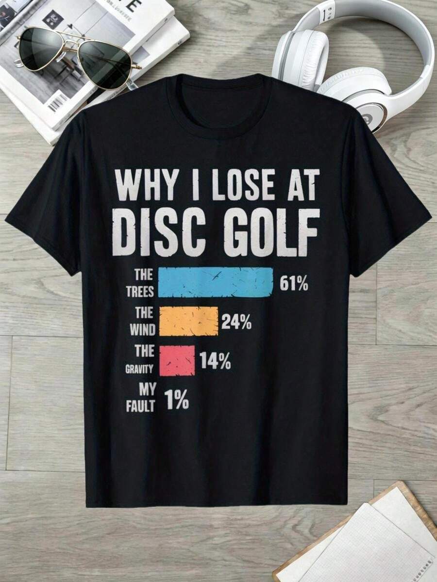 Camiseta divertida de golf de disco para hombres y mujeres, jugador de golf de disco, camiseta unisex casual de manga corta con cuello redondo para exteriores, ligeramente elástica, 100%, tallas desde - Negro - Ver 1