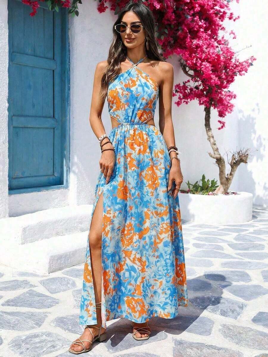 Vestido largo con estampado floral, sin mangas y con diseño calado en la cintura, para vacaciones - Azul - Ver 1