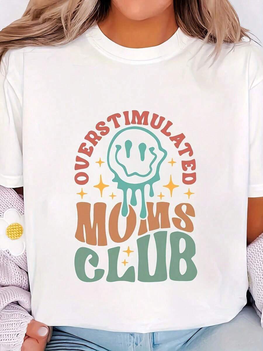 Women's Graphic T-Shirt "Overstimulated Moms Club" 100% Cotton - Casual Short-Sleeved T-Shirt With Round Neck And Eye-Catching Colorful Print, Perfect For Summer And Spring, Ladies' T-Shirts. - 白色 - 查看 1