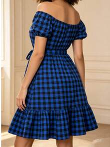 Casual Short Dress With Buttons Down The Front, Long Sleeves, And A Plaid Print. - 藍色 - 查看 3