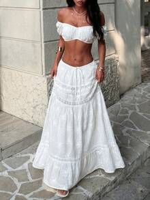 Conjunto de top de manga corta con hombros descubiertos y falda con volantes en el bajo, de unicolor y estilo bohemio para vacaciones - Blanco - Ver 3