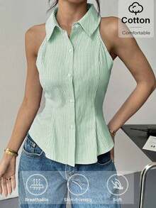 Verano para mujeres| Ropa de oficina| Verano europeo| Camisa sin mangas a rayas azul marino y blanco con cinturón| Parte superior inspirada en el boho para ir y venir, casual de negocios y festivales| Camisas casuales elegantes 2025| Viaje - Verde - Ver 1