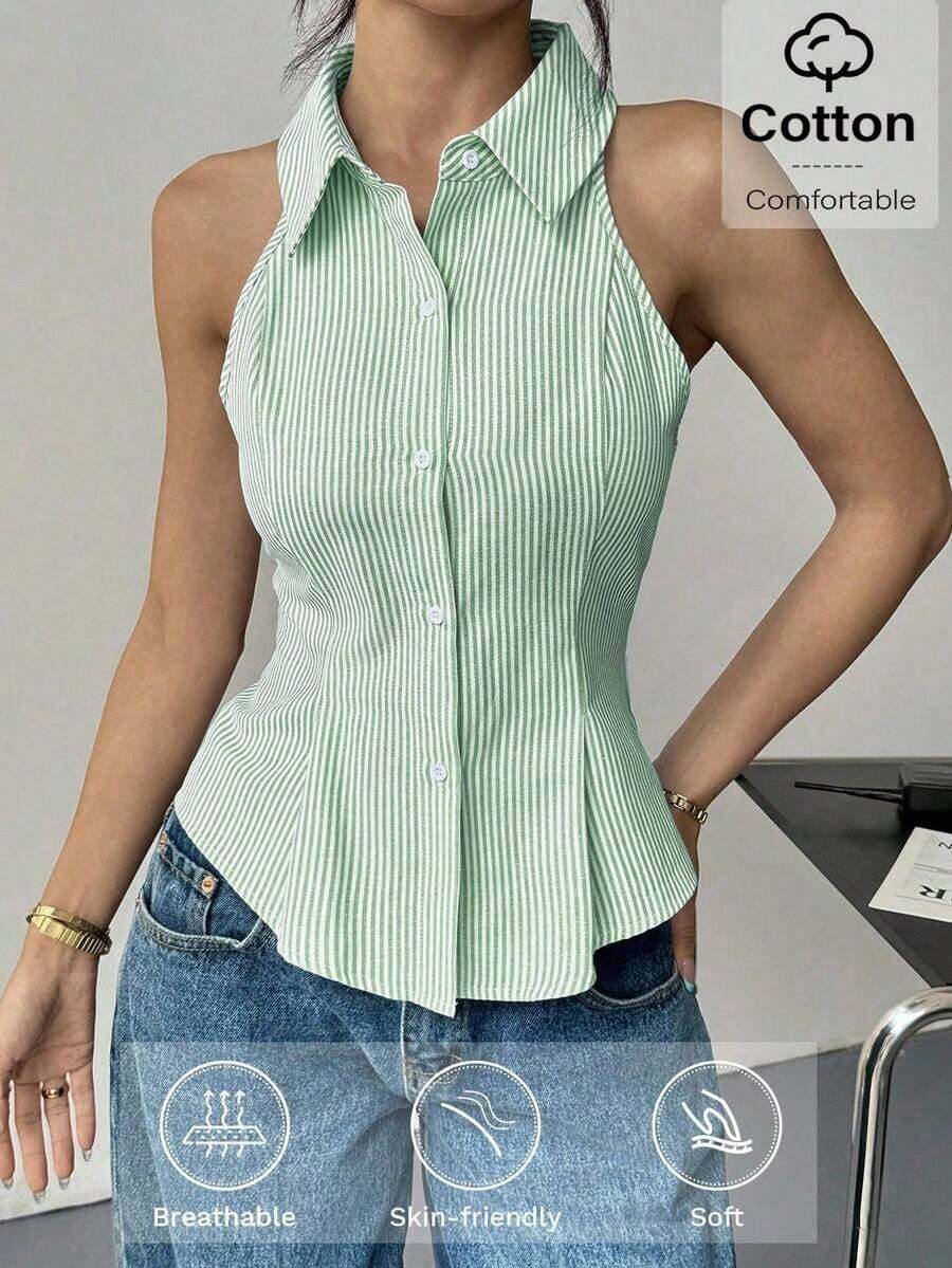 Verano para mujeres| Ropa de oficina| Verano europeo| Camisa sin mangas a rayas azul marino y blanco con cinturón| Parte superior inspirada en el boho para ir y venir, casual de negocios y festivales| Camisas casuales elegantes 2025| Viaje - Verde - Ver 1