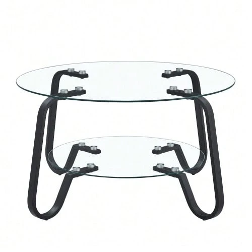 Retro Minimalist Style Metal Frame Double Layer Tempered Glass Coffee Table, Add A Touch Of Elegance To Your Living Room - Black - View 1