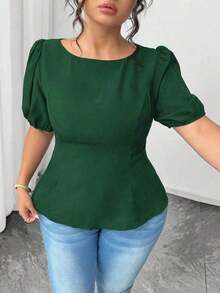 Blusa casual de manga corta con lazo y espalda abierta, unicolor, para mujer talla grande, verano - Verde Oscuro - Ver 3