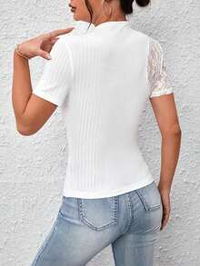 Privé Camiseta con encaje en contraste de cuello alto - Blanco - Ver 2