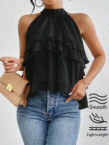 Blusa de gasa con volantes asimétricos y cuello suelto - Negro 2 - Ver 9