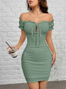 Vestido ajustado de punto con hombros descubiertos - Verde Oliva - Ver 7