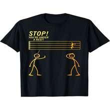 Camiseta exclusiva para profesores de música del Día de la Independencia/Día del Padre: un regalo divertido para los amantes de la música con un dise?o de nota musical que dice "?Alto! Estás arrestado". Unisex, de corte holgado y cuello redondo, fondo negro con estampado amarillo (lavable a máquina). Camiseta estampada de manga corta de verano 2025, 220 g de algodón puro. - Negro - Ver 1