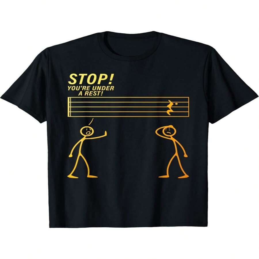Camiseta exclusiva para profesores de música del Día de la Independencia/Día del Padre: un regalo divertido para los amantes de la música con un dise?o de nota musical que dice "?Alto! Estás arrestado". Unisex, de corte holgado y cuello redondo, fondo negro con estampado amarillo (lavable a máquina). Camiseta estampada de manga corta de verano 2025, 220 g de algodón puro. - Negro - Ver 1
