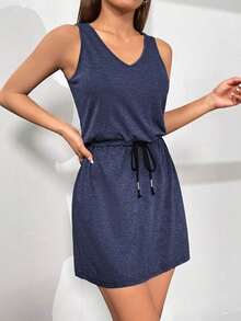 Vestido Sin Mangas Negro Con Cintura Ajustable Y Cordones Para Mujer - Azul marino - Ver 5
