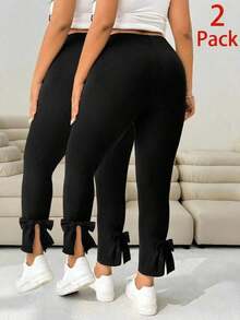 Pantalones casuales ajustados de color negro con decoración de moño y abertura lateral para mujer de talla grande, para verano, otoño, lindos, vacaciones en la playa, estilo occidental, concierto de música country, escuela, brunch - Negro 2 - Ver 1