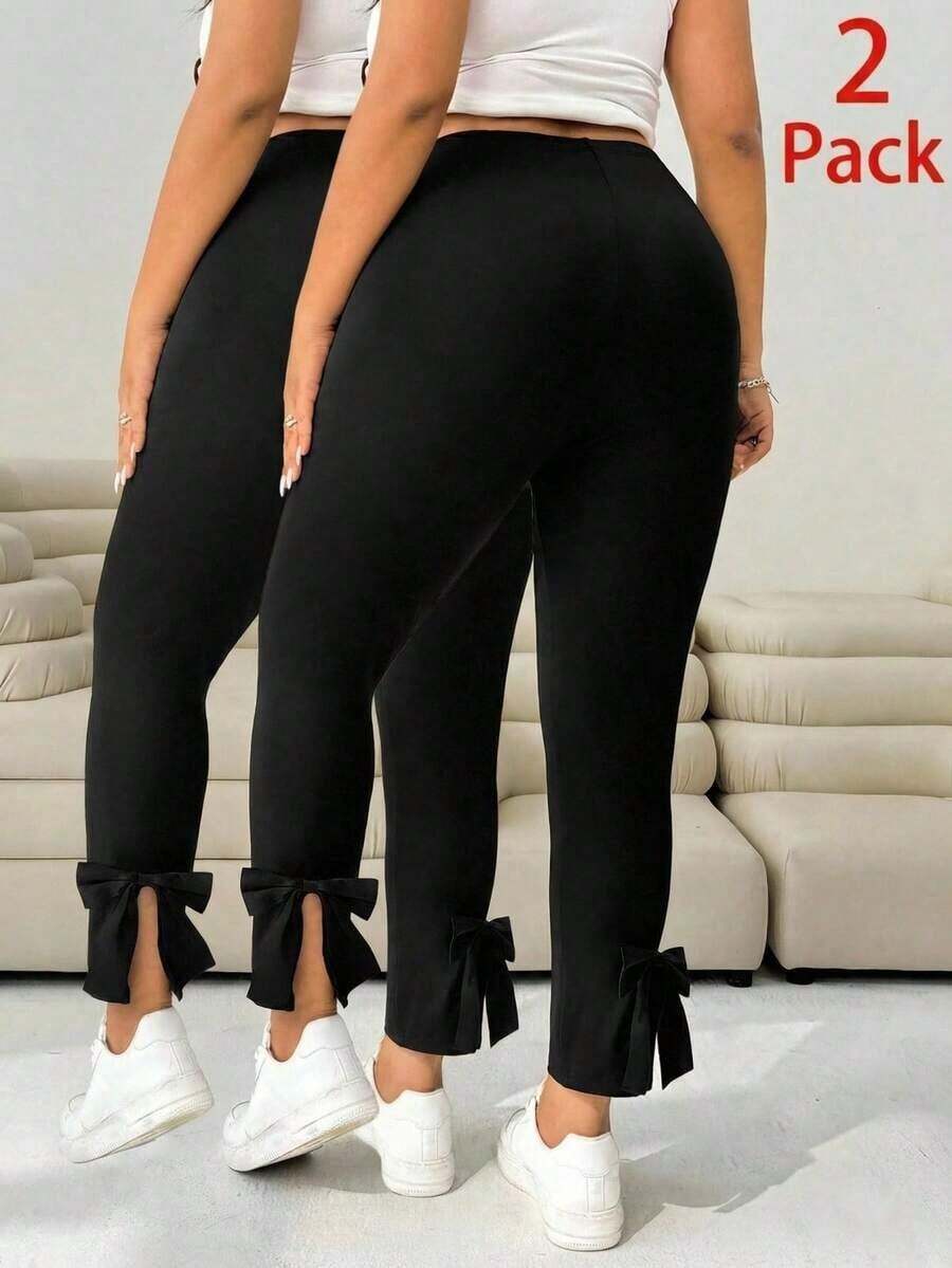 Pantalones casuales ajustados de color negro con decoración de moño y abertura lateral para mujer de talla grande, para verano, otoño, lindos, vacaciones en la playa, estilo occidental, concierto de música country, escuela, brunch - Negro 2 - Ver 1