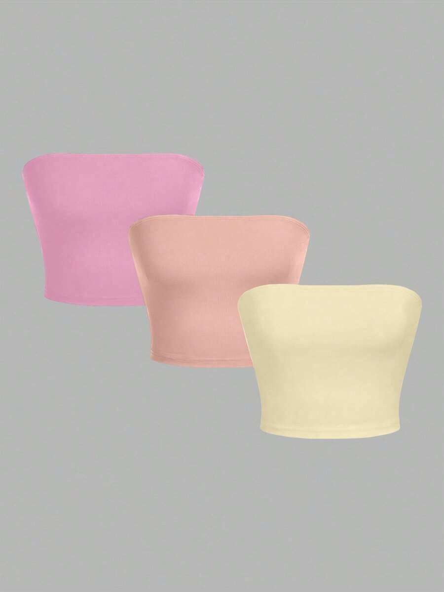 3 piezas Tops femeninos casuales ajustados sin tirantes adecuados para el verano - Multicolor 4 - Ver 1