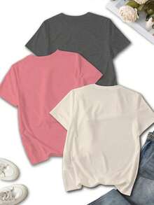 Set de 3 camisetas de mujer de manga corta con cuello redondo, de estilo casual de verano, con estampado gráfico del universo creencia, top de concierto - Multicolor 2 - Ver 2