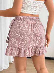 Minifalda ajustada con volantes en el bajo, estampado floral pequeño, estilo romántico de vacaciones en tallas grandes - Albaricoque - Ver 2