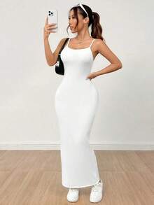 Vestido básico de tirantes finos blanco para mujer - Blanco - Ver 4