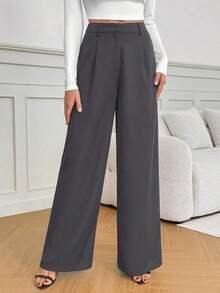 Tall Pantalones anchos de cintura alta de unicolor y versátiles, pantalones de cintura alta de estilo casual de otoño e invierno, pantalones negros de mujer, pantalones negros de vestir de pierna ancha, pantalones negros casuales, pantalones de esti - Gris Oscuro - Ver 8