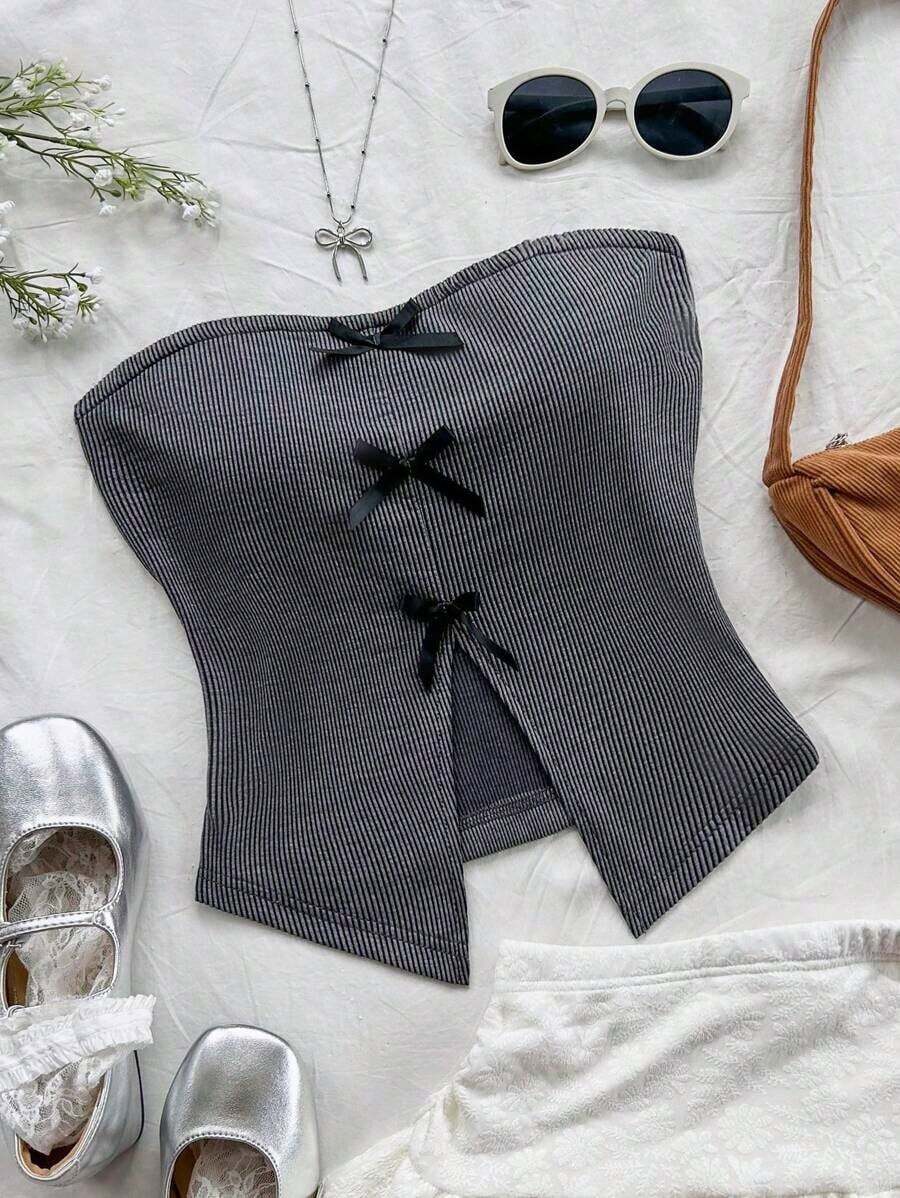 Top tubo de punto para vacaciones para mujeres, estilo casual y ajustado, decoración de lazo elegante en la parte delantera central, abertura frontal en el bajo, para fiesta o té de la tarde, para capas en otoño/invierno - Gris - Ver 1