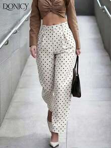 Pantalones rectos plisados de cintura alta, de unicolor, para mujer, suaves y cómodos, versátiles, elegantes y casuales urbanos, adecuados para uso diario casual, citas, fiestas, San Valentín, carnaval y oficina - Albaricoque 2 - Ver 6