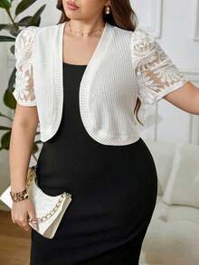 Chaqueta ligera de mujer talla grande en beige con mangas de encaje en contraste, de manga corta, versátil, elegante, atuendo de oficina para maestras en invierno, otoño, Día de San Valentín, trabajo, vacaciones, días festivos, verano - Blanco 2 - Ver 1