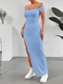 Vestido de verano para mujer con hombros descubiertos y abertura alta en unicolor - Azul - Ver 4