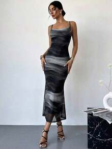 Vestido ajustado de tela transparente con tirantes de atar en el hombro descubierto y espalda descubierta, de colores degradados, elegante para uso diario u ocasiones de vacaciones, estilo veraniego - Blanco y Negro - Ver 3