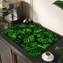1pc Green Palm Leaf Print Absorbent Mat/Drying Mat For Coffee Maker, Dishes - Polyester Absorbent Desktop Protective Mat With Rubber Anti-Slip Pad, For Kitchen Counter Decor, Home Bar And Dining Table - Multicolor - View 4