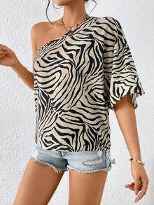 Blusa de manga de murciélago con un hombro y rayas de cebra, Blusas de manga tres cuartos - Beis - Ver 6