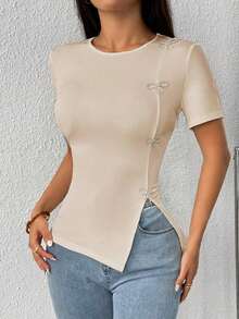 Camiseta de cuello redondo con abertura lateral y decoración de lazo con cristales para mujer - Caqui - Ver 6
