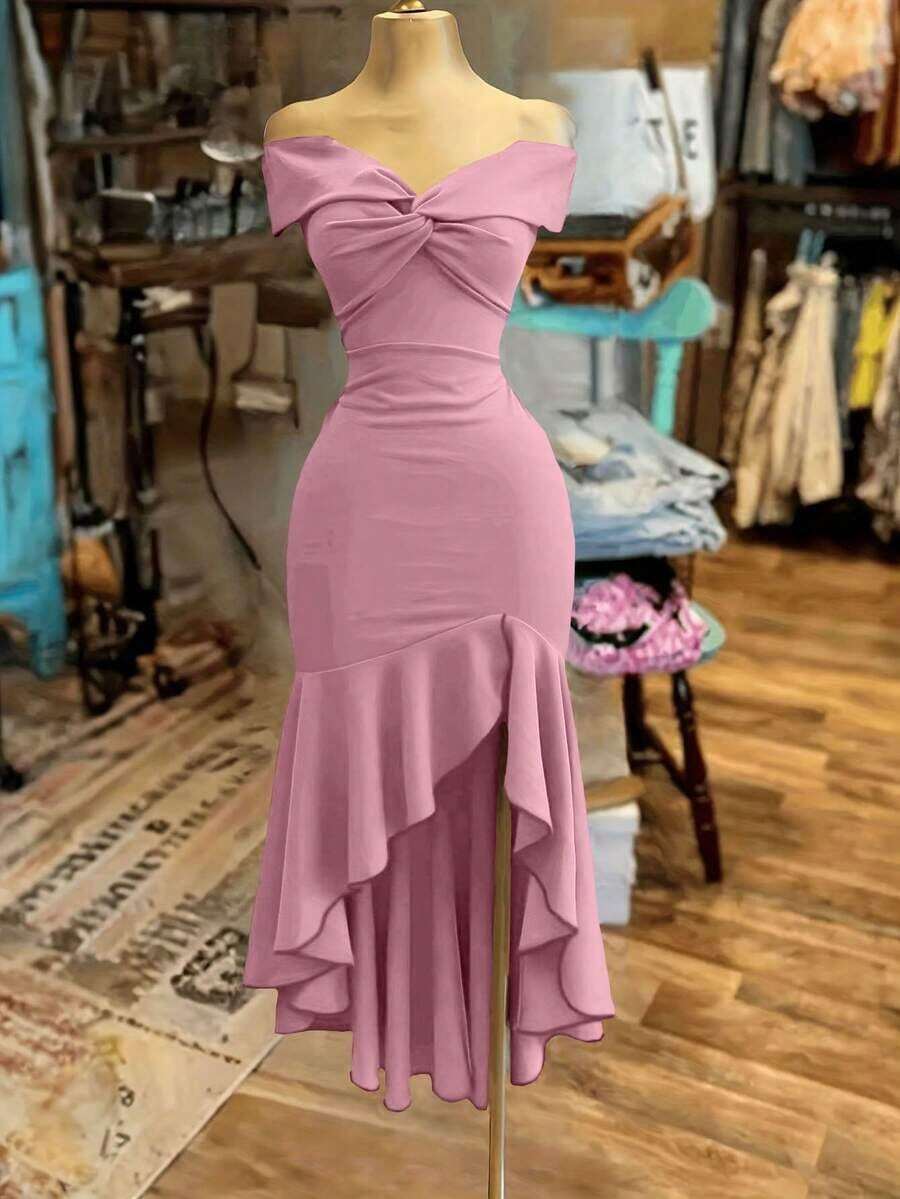 Vestido ajustado con hombros descubiertos y efecto retorcido, elegante y sexy para mujer - Rosa - Ver 1