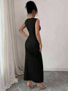 Vestido largo elegante y minimalista para mujer, silueta favorecedora, para verano - Negro - Ver 2