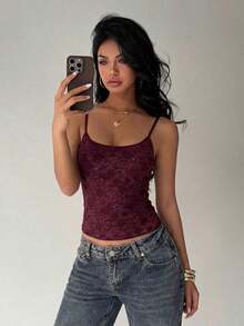 Camiseta de mujer nueva con encaje y aplicación de lentejuelas, ropa de calle sexy - Burdeos - Ver 7