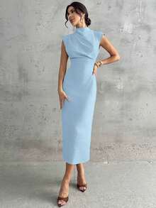 Vestido largo de mujer elegante y casual para uso diario, viajes y moda, con cuello mao, mangas drapeadas y cintura ceñida en color albaricoque - Azul - Ver 4