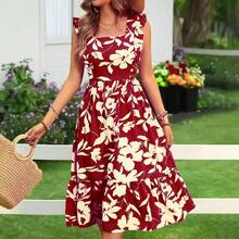 Vestido de verano de estilo bohemio con cuello cuadrado y estampado floral, con volantes en el bajo, elegante vestido de vacaciones en color rojo - rojo intenso - Ver 8