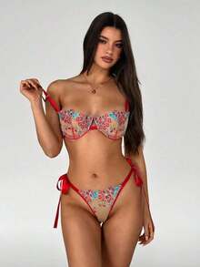 Set de 2 piezas de lencería compuesto por sujetador y pantie con bordado floral y tela de malla para mujeres - Burdeos - Ver 9