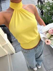 Top de punto con cuello de halter color albaricoque para mujer - Amarillo - Ver 7