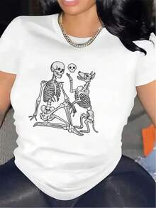 Camiseta de manga corta ligera y duradera, con diseño de calavera, perfecta para la decoración del hogar. Es una opción cómoda para el uso diario, adecuada para espacios como la sala de estar o el comedor. - Blanco - Ver 12