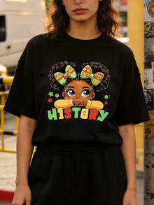 Women's Summer Clothing, Soft And Casual Cotton T-Shirt With Round Neck, Cartoon Character Print, Cultural Heritage And Historical Pride. Black. - 黑色 - 查看 1
