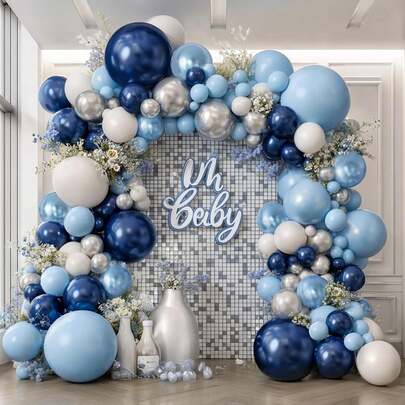 97pcs Navy Blue, Pearl Blue, Light Blue, Silver Balloon Arch Set, Suitable For Boys, Girls, Kids Birthday, Graduation, Wedding Party Decoration