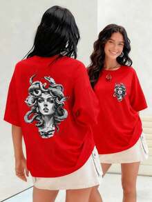 Intertwined Snakes With Intense Gazes, This 100% Cotton Women's T-Shirt Evokes Medusa With Her Timeless Power And Beauty. Hypnotic Creatures Crawl Through Her Hair. Suitable For Spring, Summer, And Autumn. - 紅色 - 查看 7
