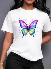 Women's Summer T-Shirt, 100% Cotton Crew Neck, Colorful Butterfly Print, Casual Daily Wear, Breathable And Lightweight, Casual Top For Women | Women's Summer Tops 100% Cotton - 白色 - 查看 6