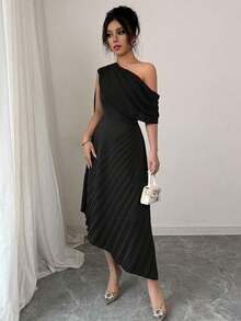 Vestido largo elegante de mujer con un hombro, de gasa, con pliegues brillantes, para primavera/verano - Burdeos - Ver 11